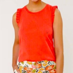 Loft Red Sleeveless Shirt Crew Neck Cotton Ruffle Size XL